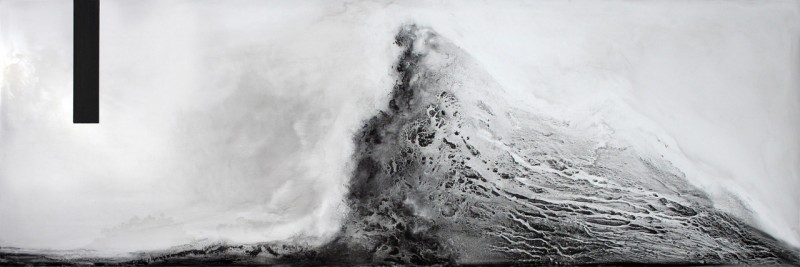 “Diamagnetic Lift”, 2013, by Seana Reilly. Liquid graphite on aluminum composite panel; 24 x72 inches