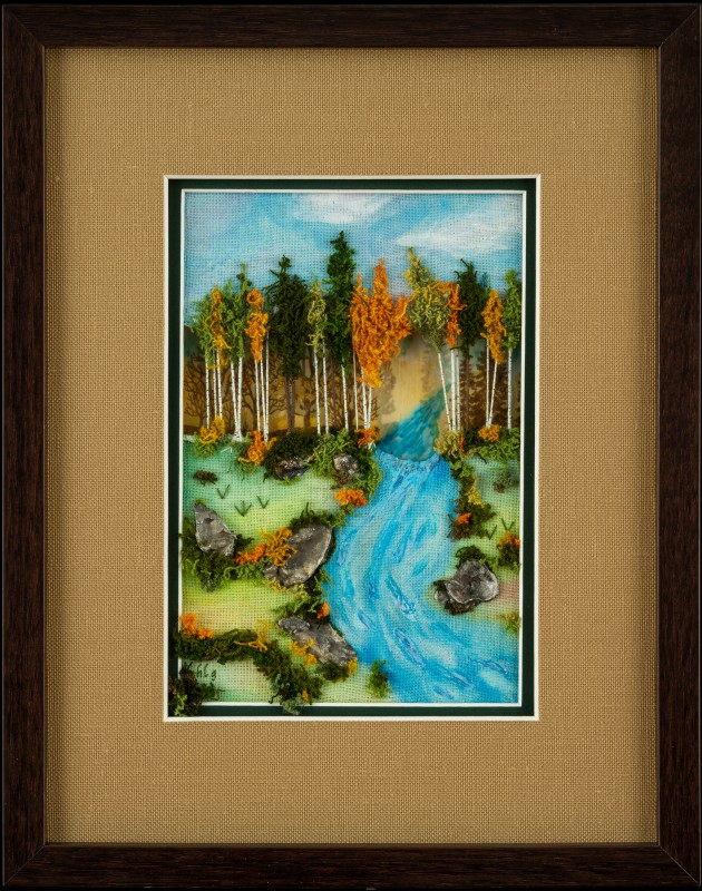 Image of Mixed Media & Needlework Landscape in Picture Frame