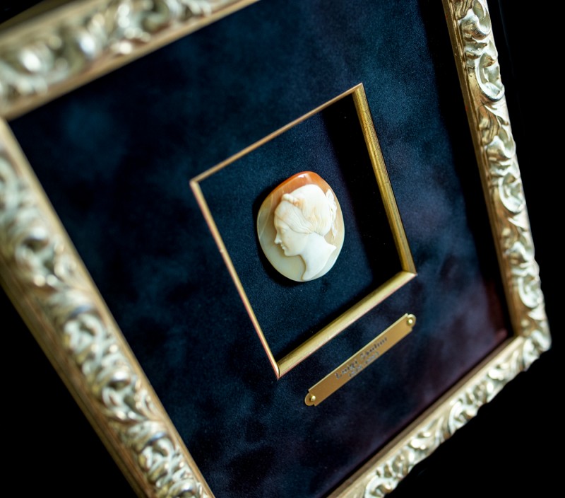 Detail of Vintage Brooch in a Gold Picture Frame with Velour Mat Board